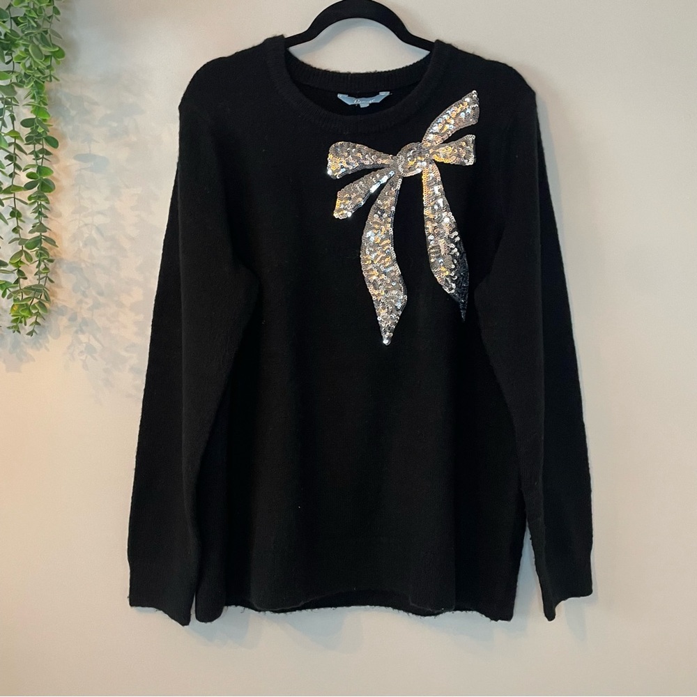 Chic Black Sweater with Silver Sequin Bow